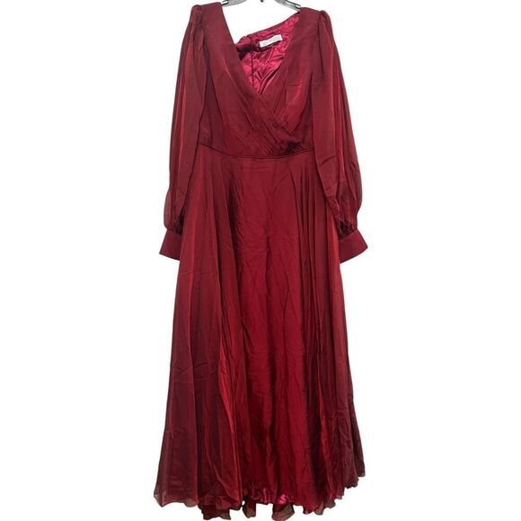 Mac Duggal Red Sheer Blouson Sleeve Surplice Gown 67873 - Size 18 - NWT - Picture 4 of 7